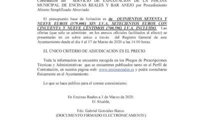 Licitación Servicio de Explotación Piscina Mpal y Bar Anejo.